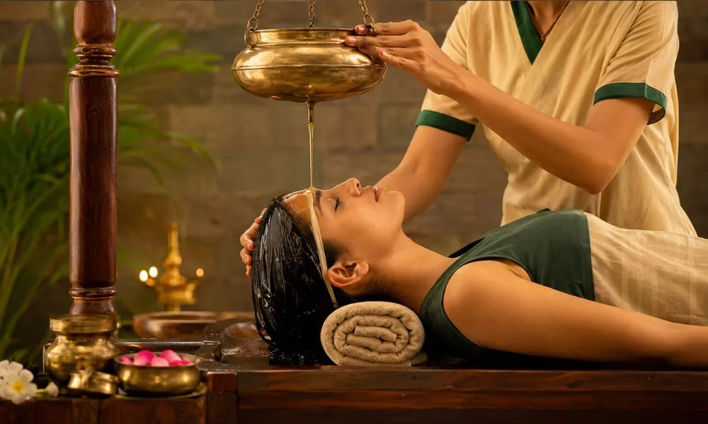 Traditional Shirodhara therapy at an Ayurvedic spa in Coimbatore.